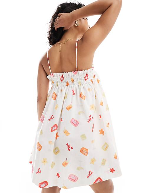 Asos Miss Selfridge Linen Smock Mini In Fruit Print