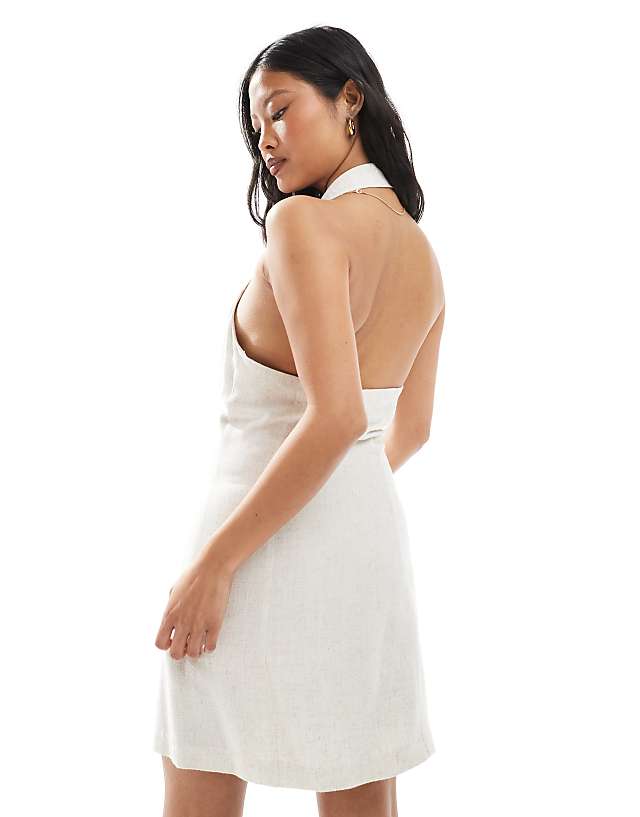 Asos Miss Selfridge Petite Linen Blend Collared Halter Mini Dress Stone
