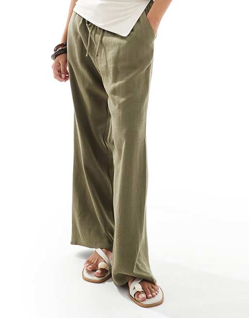 Asos Miss Selfridge Petite Linen Blend Drawstring Waist Wide Leg Trousers In Khaki
