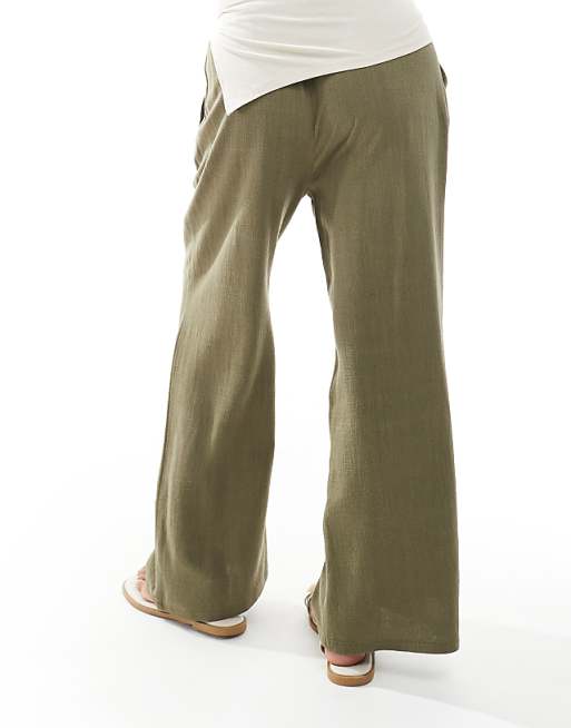 Asos Miss Selfridge Petite Linen Blend Drawstring Waist Wide Leg Trousers In Khaki