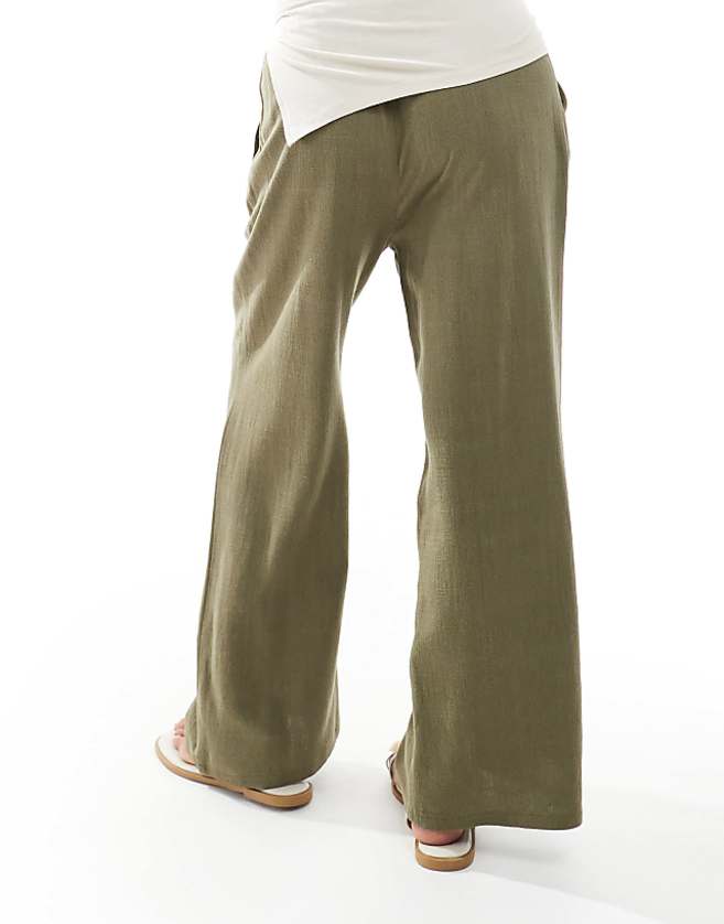 Asos Miss Selfridge Petite Linen Blend Drawstring Waist Wide Leg Trousers In Khaki