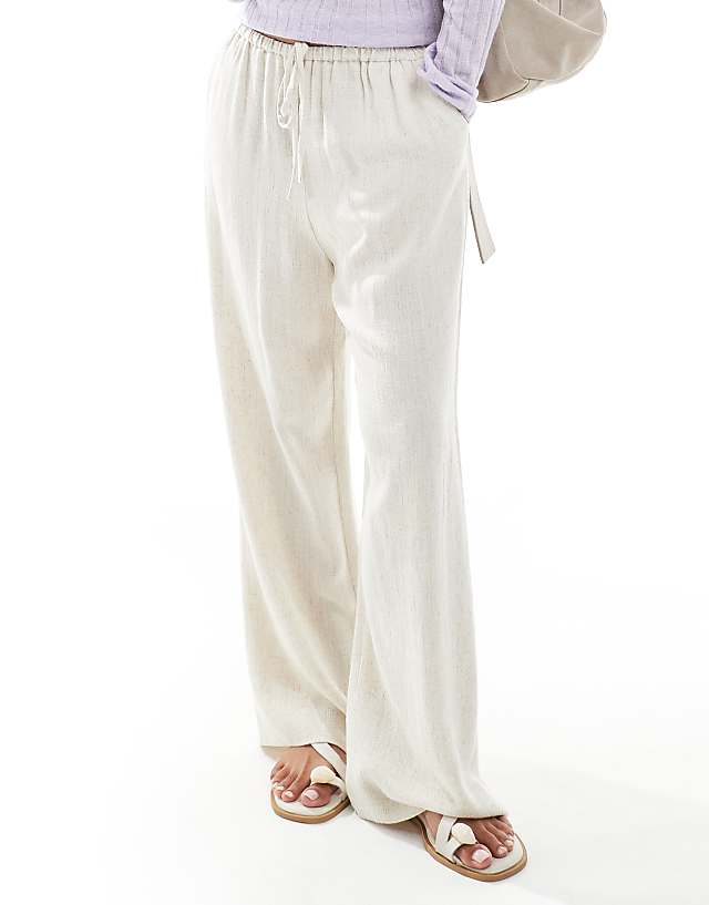 Asos Miss Selfridge Petite Linen Blend Drawstring Waist Wide Leg Trousers In Stone