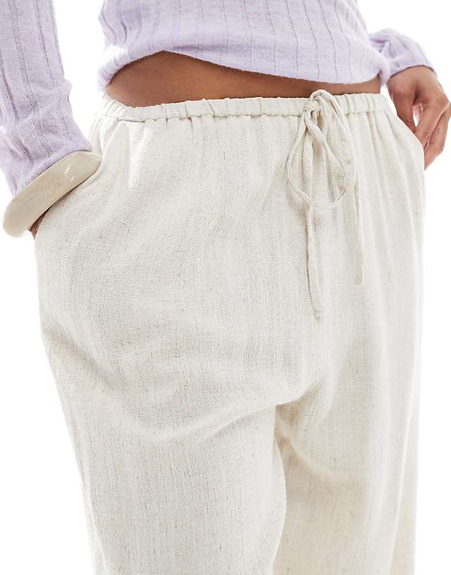 Asos Miss Selfridge Petite Linen Blend Drawstring Waist Wide Leg Trousers In Stone