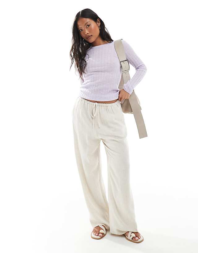 asos Miss Selfridge Petite linen blend drawstring waist wide leg trousers in stone