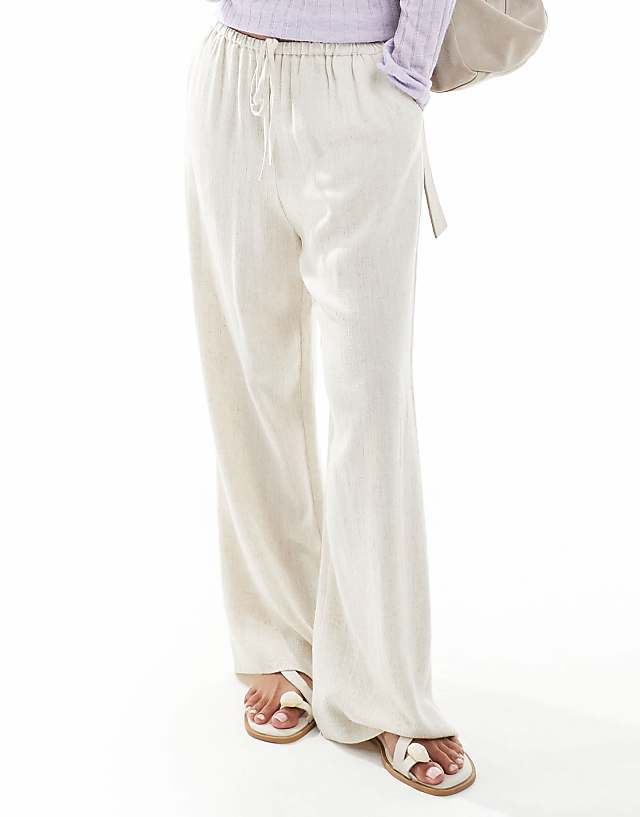 Asos Miss Selfridge Petite Linen Blend Drawstring Waist Wide Leg Trousers In Stone