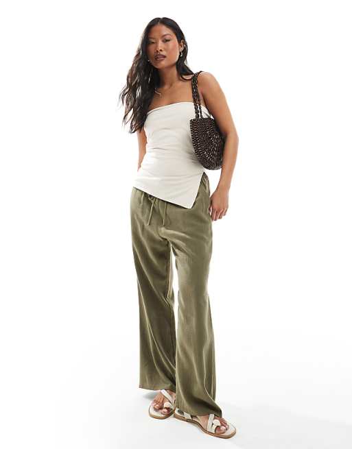 asos Miss Selfridge Petite linen blend drawstring waist wide leg trousers in khaki