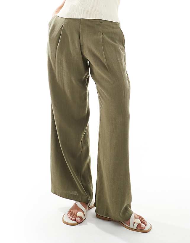 Asos Miss Selfridge Petite Linen Blend Tailored Wide Leg Trousers In Khaki