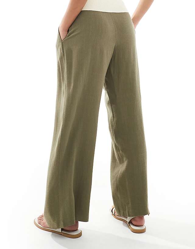 Asos Miss Selfridge Petite Linen Blend Tailored Wide Leg Trousers In Khaki