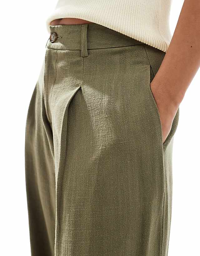 Asos Miss Selfridge Petite Linen Blend Tailored Wide Leg Trousers In Khaki