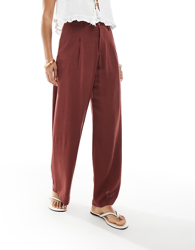 Asos Miss Selfridge Petite Linen Blend Tailored Wide Leg Trousers In Burgundy