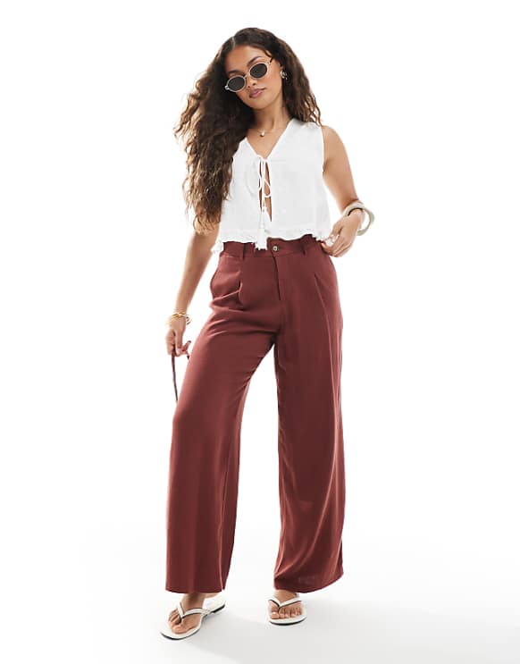 asos Miss Selfridge Petite linen blend tailored wide leg trousers in burgundy