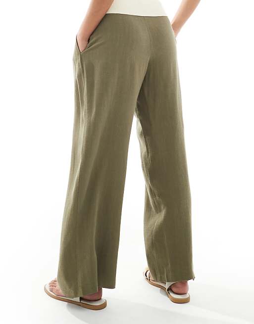 Asos Miss Selfridge Petite Linen Blend Tailored Wide Leg Trousers In Khaki