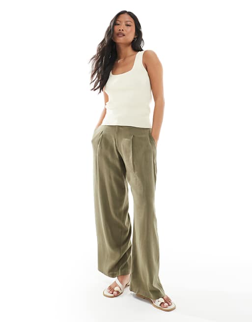 asos Miss Selfridge Petite linen blend tailored wide leg trousers in khaki
