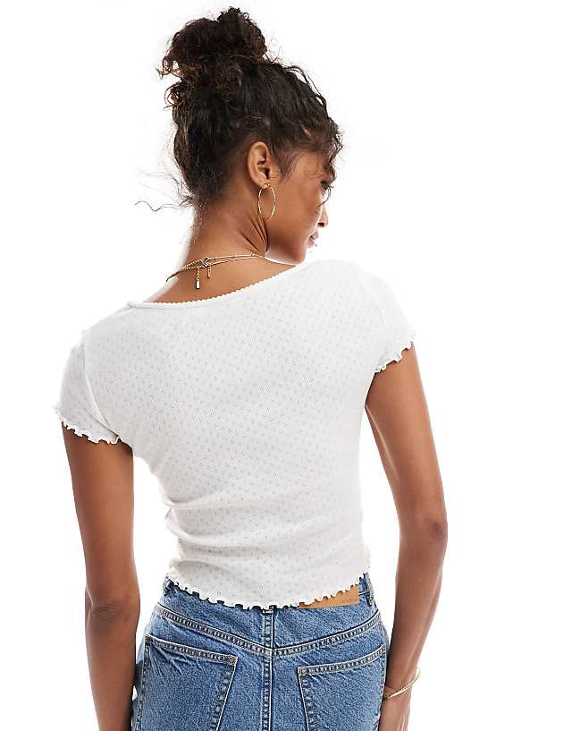 Asos Miss Selfridge Pointelle Square Neck Lace Trim Tee In White
