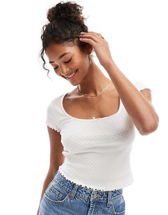 asos Miss Selfridge pointelle square neck lace trim tee in white