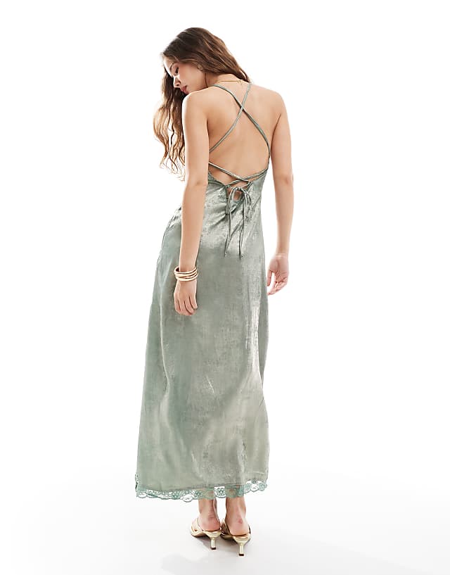 Asos Miss Selfridge Satin Cami Maxi Dress In Green Metallic