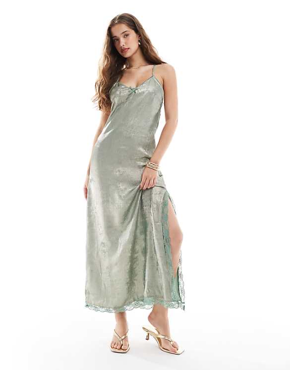 asos Miss Selfridge satin cami maxi dress in green metallic