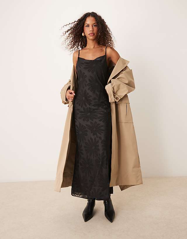 asos Miss Selfridge satin floral jacquard maxi dress in black
