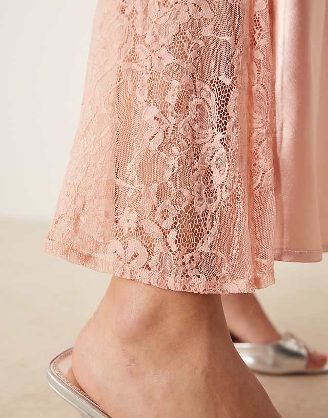 Asos Miss Selfridge Satin Lace Mix Maxi Slip Dress In Light Pink