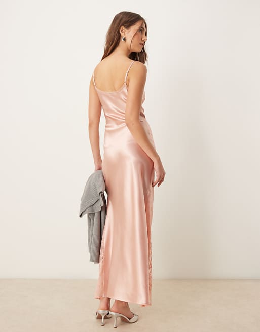 Asos Miss Selfridge Satin Lace Mix Maxi Slip Dress In Light Pink