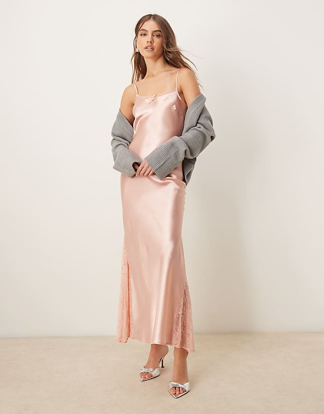 asos Miss Selfridge satin lace mix maxi slip dress in light pink