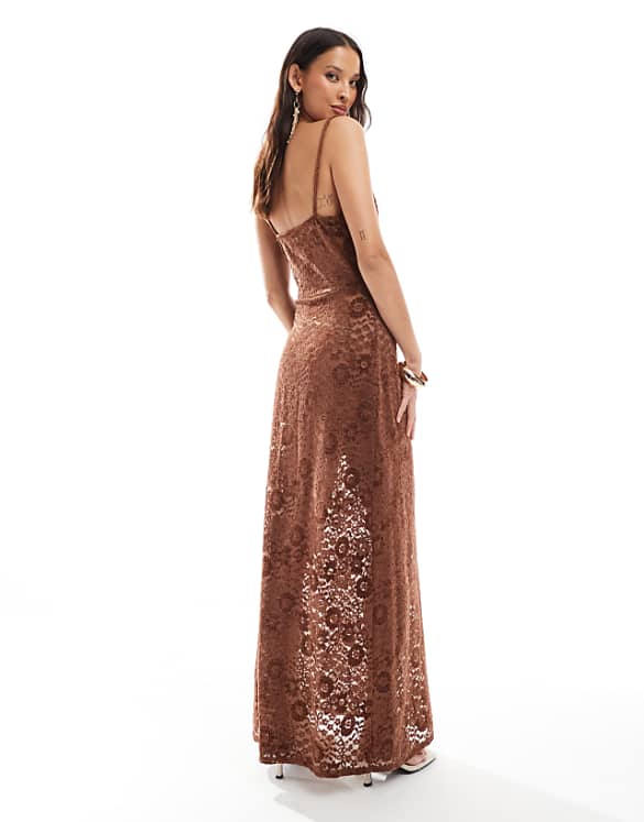 Asos Miss Selfridge Sheer Lace Cowl Split Hem Summer Maxi Dress In Chocolate