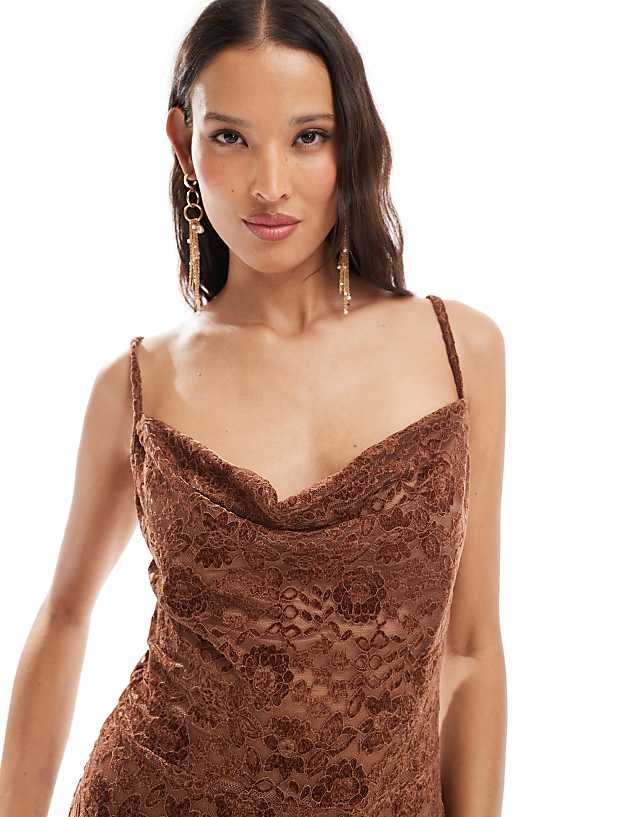 Asos Miss Selfridge Sheer Lace Cowl Split Hem Summer Maxi Dress In Chocolate
