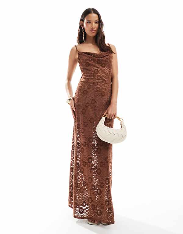 asos Miss Selfridge sheer lace cowl split hem summer maxi dress in chocolate