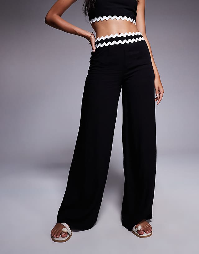 Asos Missyempire Cotton Scallop Trim Waist Detail Wide Leg Trousers Co-ord In Black