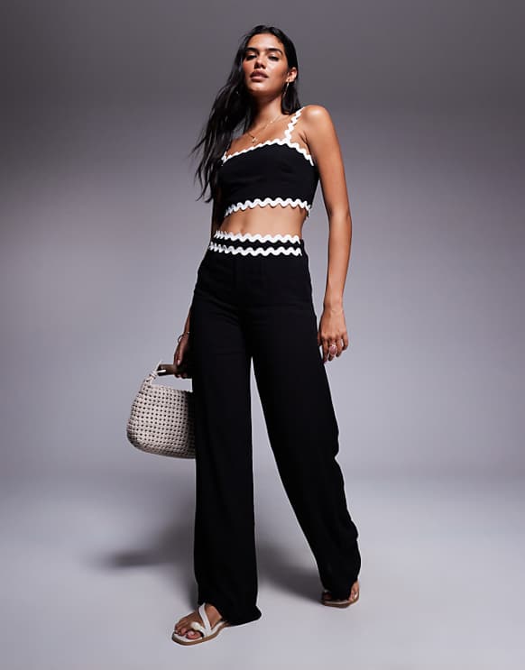 asos Missyempire cotton scallop trim waist detail wide leg trousers co-ord in black