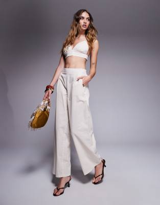 Asos Missyempire Linen Cropped Cami Bralette And Wide Leg Trousers Co-ord In Cream