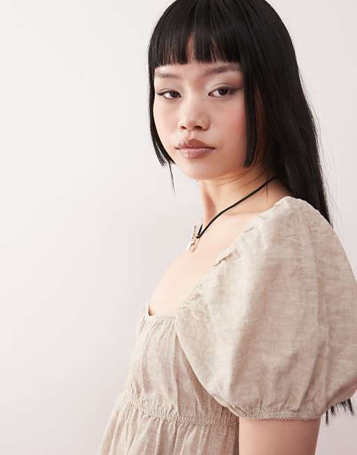 Asos Monki Linen Puff Sleeve Mini Dress In Beige Exclusive To ASOS