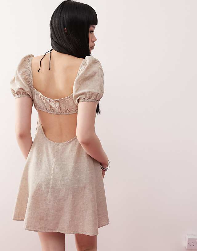 Asos Monki Linen Puff Sleeve Mini Dress In Beige Exclusive To ASOS