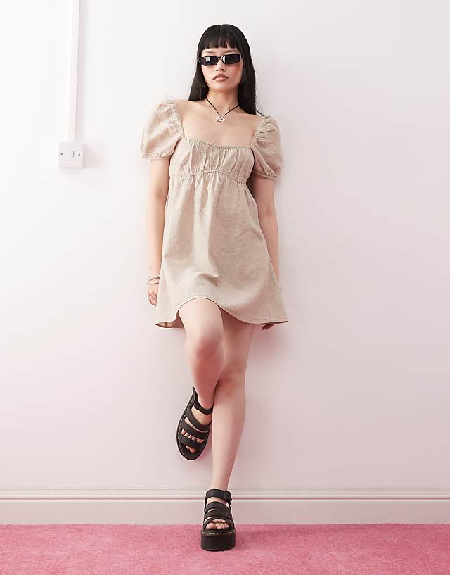 Asos Monki Linen Puff Sleeve Mini Dress In Beige Exclusive To ASOS
