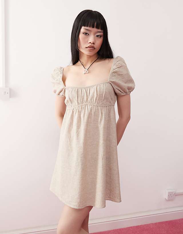 asos Monki linen puff sleeve mini dress in beige exclusive to ASOS