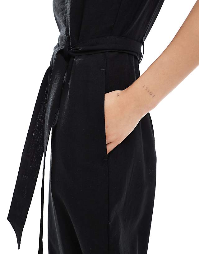 Asos Monki Linen Sleeveless Jumpsuit With Tie Belt Detail In Black