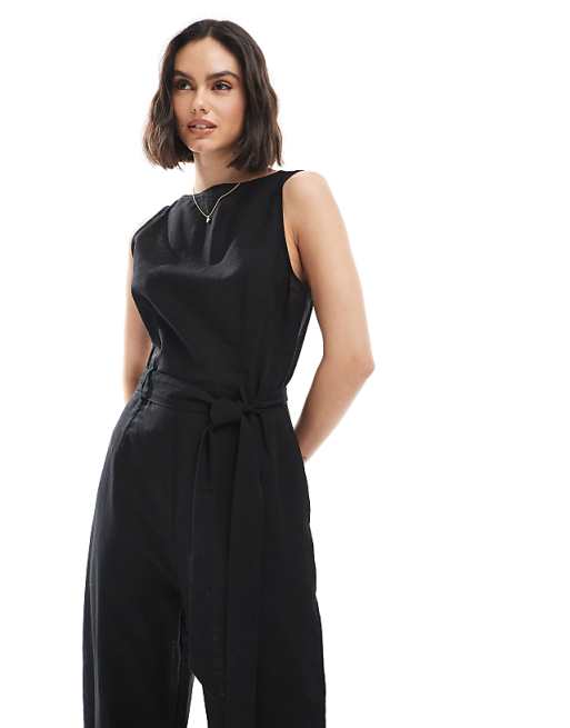 Asos Monki Linen Sleeveless Jumpsuit With Tie Belt Detail In Black