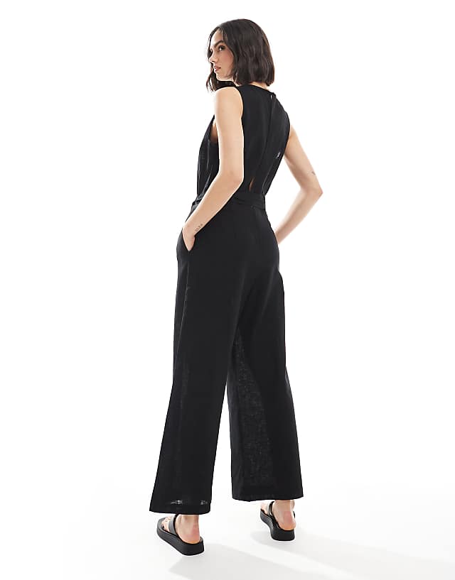 Asos Monki Linen Sleeveless Jumpsuit With Tie Belt Detail In Black