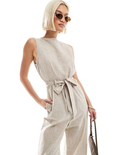 Asos Monki Linen Sleeveless Jumpsuit With Tie Belt Detail In Beige