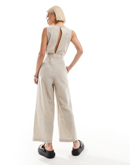Asos Monki Linen Sleeveless Jumpsuit With Tie Belt Detail In Beige