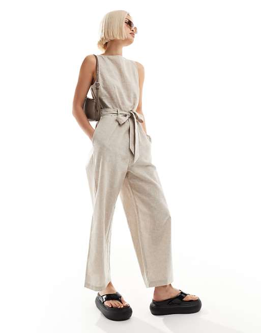asos Monki linen sleeveless jumpsuit with tie belt detail in beige
