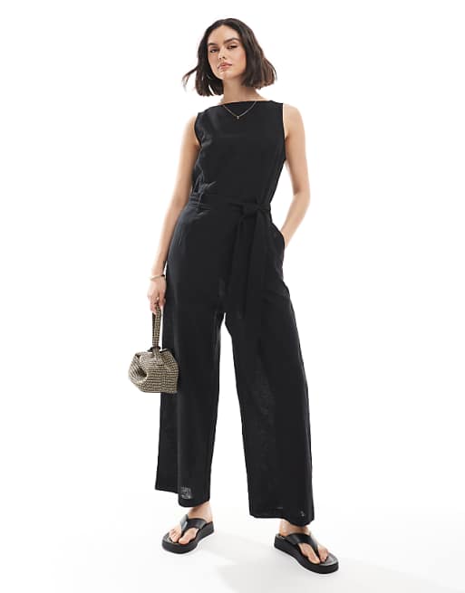 asos Monki linen sleeveless jumpsuit with tie belt detail in black