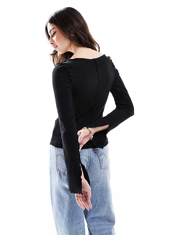 Asos Monki Overlock Seam Detail Ribbed Jersey Top In Black
