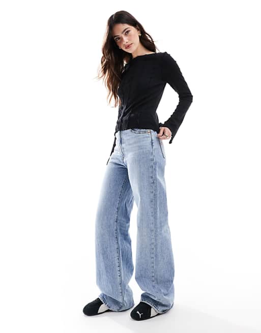 Asos Monki Overlock Seam Detail Ribbed Jersey Top In Black