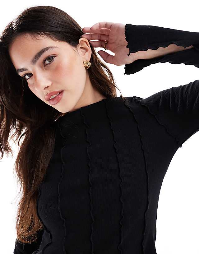 Asos Monki Overlock Seam Detail Ribbed Jersey Top In Black