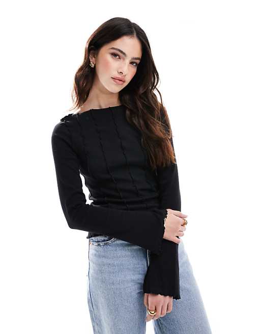 asos Monki overlock seam detail ribbed jersey top in black