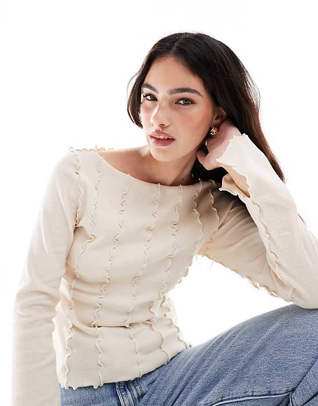 Asos Monki Overlock Seam Detail Ribbed Jersey Top In Light Beige