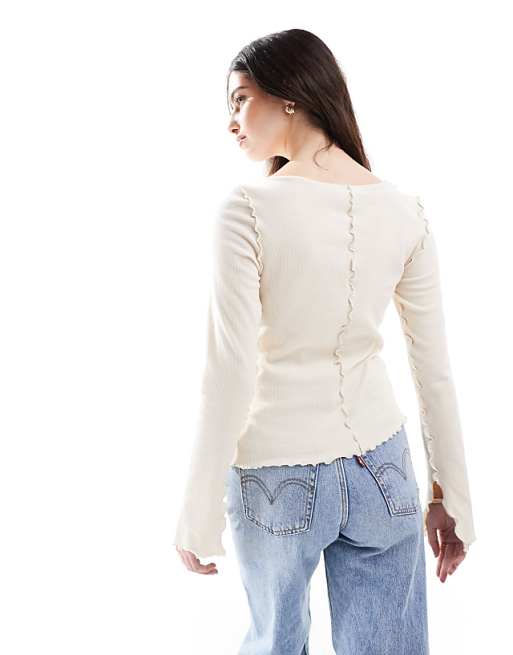 Asos Monki Overlock Seam Detail Ribbed Jersey Top In Light Beige