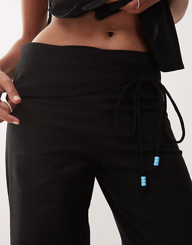 Asos Motel Cursa Sarong Overlay Bead Detail Linen Trousers In Black