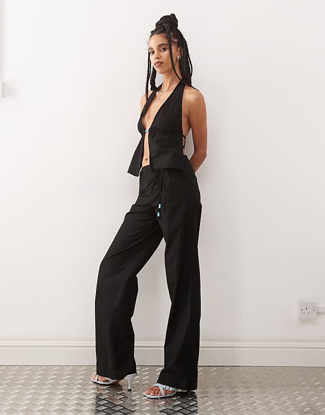 Asos Motel Cursa Sarong Overlay Bead Detail Linen Trousers In Black